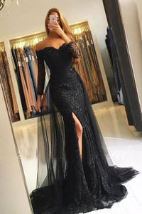 2024 Trumpet/Mermaid Long Sleeves Off-The-Shoulder Sweep/Brush Train Tulle Lace Evening Dresses