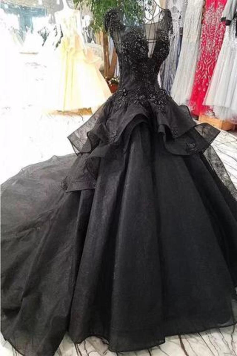 Buy Gorgeous Black Ball Gown Wedding Dress With Cap Sleeves, Long ...