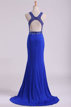 Load image into Gallery viewer, 2024 Open Back Prom Dresses Scoop Spandex With Beading And Slit Sweep Train