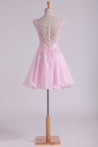 2024 Bateau A Line Short/Mini Prom Dress Chiffon With Applique & Beads