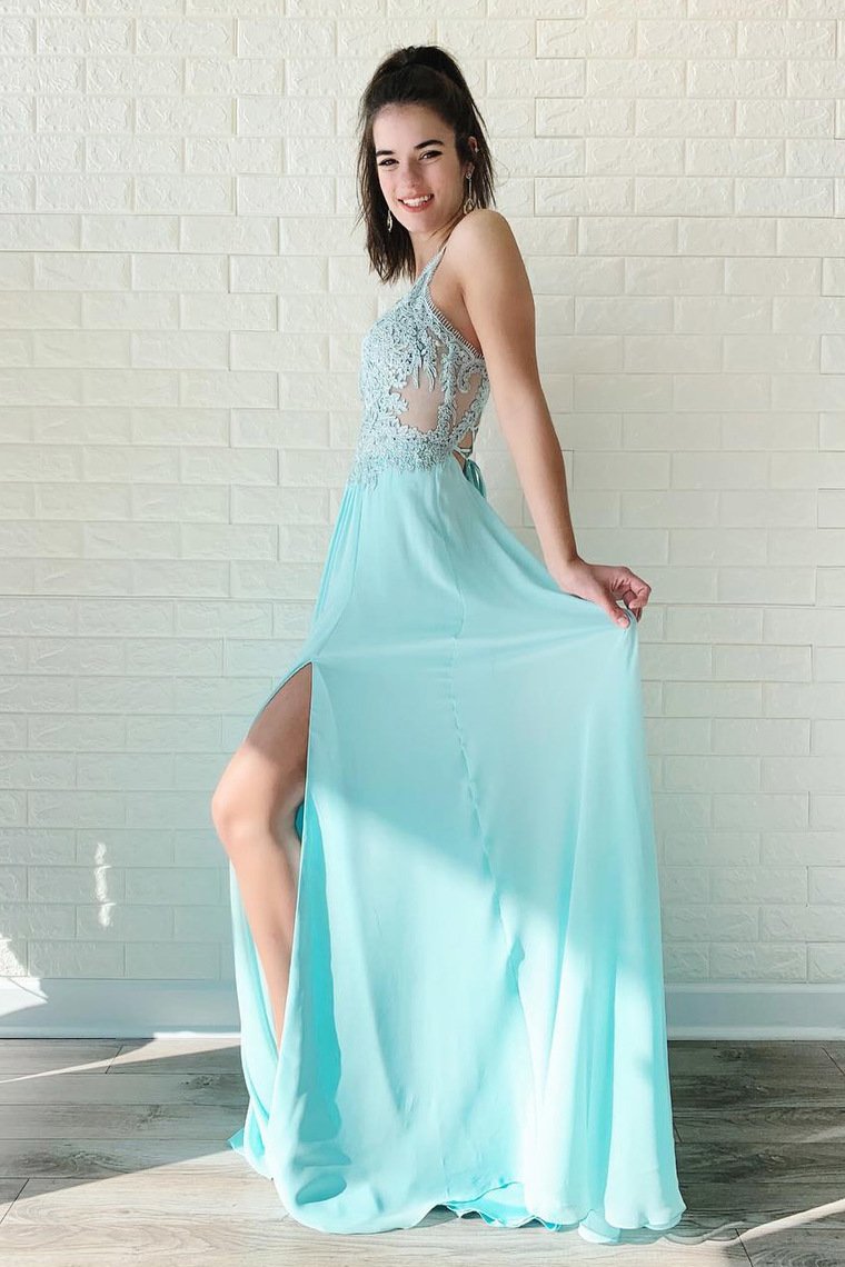 2023 Chiffon Prom Dresses With Applique Sweep Train Spaghtti Straps
