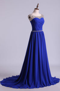2024 Scoop Prom Dresses A Line Pleated Bodice Chiffon With Beads Dark Royal Blue