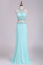 Load image into Gallery viewer, 2024 Two-Piece Halter Beaded Bodice Open Back Prom Dresses Spandex Sheath