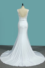 Load image into Gallery viewer, 2024 V Neck Open Back Spandex Wedding Dresses With Applique Mermaid