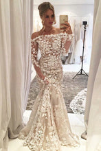 Load image into Gallery viewer, Sheath Mermaid Long Boat Neckline Lace Wedding Dresses With Sleeves