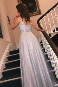 Glitter Silver Long Spaghetti Straps Prom Dresses with V Neck, Dance SRS15646