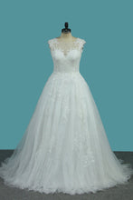 Load image into Gallery viewer, 2024 Scoop Tulle &amp; Lace A Line With Applique Sweep Train Wedding Dresses
