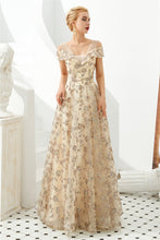 Load image into Gallery viewer, Elegant A Line V Neck Off the Shoulder Beads Prom Dresses with Lace SRS15642