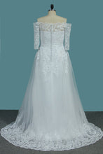 Load image into Gallery viewer, 2024 Tulle A Line Boat Neck 3/4 Length Sleeves Wedding Dresses With Applique