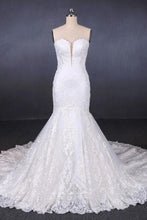 Load image into Gallery viewer, Charming Strapless Sweetheart Mermaid Lace Appliques White Wedding Dresses SRS15128