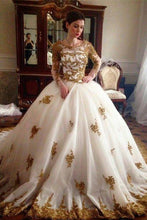 Load image into Gallery viewer, Ivory And Gold Lace Beading Tulle Long Sleeves Ball Gowns Wedding Dresses