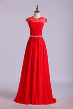Load image into Gallery viewer, 2024 Scoop Neckline Ruffled Prom Dress Short Lace Sleeves With Shirred Chiffon Skirt