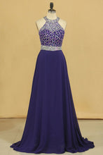 Load image into Gallery viewer, 2024 Halter Beaded Bodice Open Back Prom Dresses A Line Chiffon Sweep Train