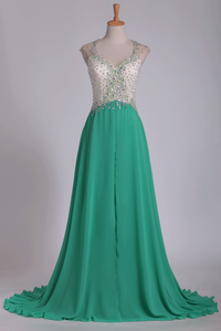 2024 Prom Dresses A Line V Neck Chiffon With Beading Open Back