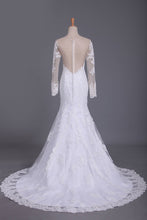 Load image into Gallery viewer, 2024 Wedding Dresses Mermaid Scoop Long Sleeves Tulle With Applique Court Train
