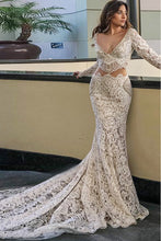 Load image into Gallery viewer, Modest Long Mermaid V-Neck Lace Long Sleeves Wedding Dresses Bridal Dresses