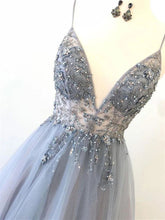 Load image into Gallery viewer, Gorgeous A Line Spaghetti Straps V Neck Beads Prom Dresses with SRS15648
