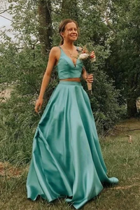 Simple A Line Two Pieces V Neck Satin Prom Dresses Cheap Formal SRSPQ87T2TL