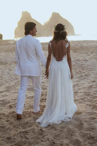 Backless Lace Open Back Sweetheart A-Line White Chiffon Sleeveless Beach Wedding Dresses RS981