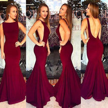 Load image into Gallery viewer, Red Backless Bateau Neck Mermaid Stretch Satin Prom Dresses 2024 Prom Dresses RS669