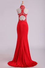 Load image into Gallery viewer, 2024 Red High Neck Open Back Prom Dresses With Applique Sweep Train Spandex