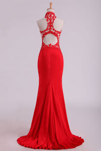 2024 Red High Neck Open Back Prom Dresses With Applique Sweep Train Spandex
