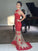 Mermaid Red Lace Bodice Modest Evening Dress With Champagne Tulle Long Party Gown RS150