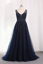 Load image into Gallery viewer, 2024 A Line V Neck Tulle Open Back Prom Dresses With Applique