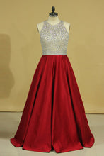 Load image into Gallery viewer, 2024 Burgundy Scoop Open Back Beaded Bodice A Line Prom Dresses Satin &amp; Tulle Plus Size
