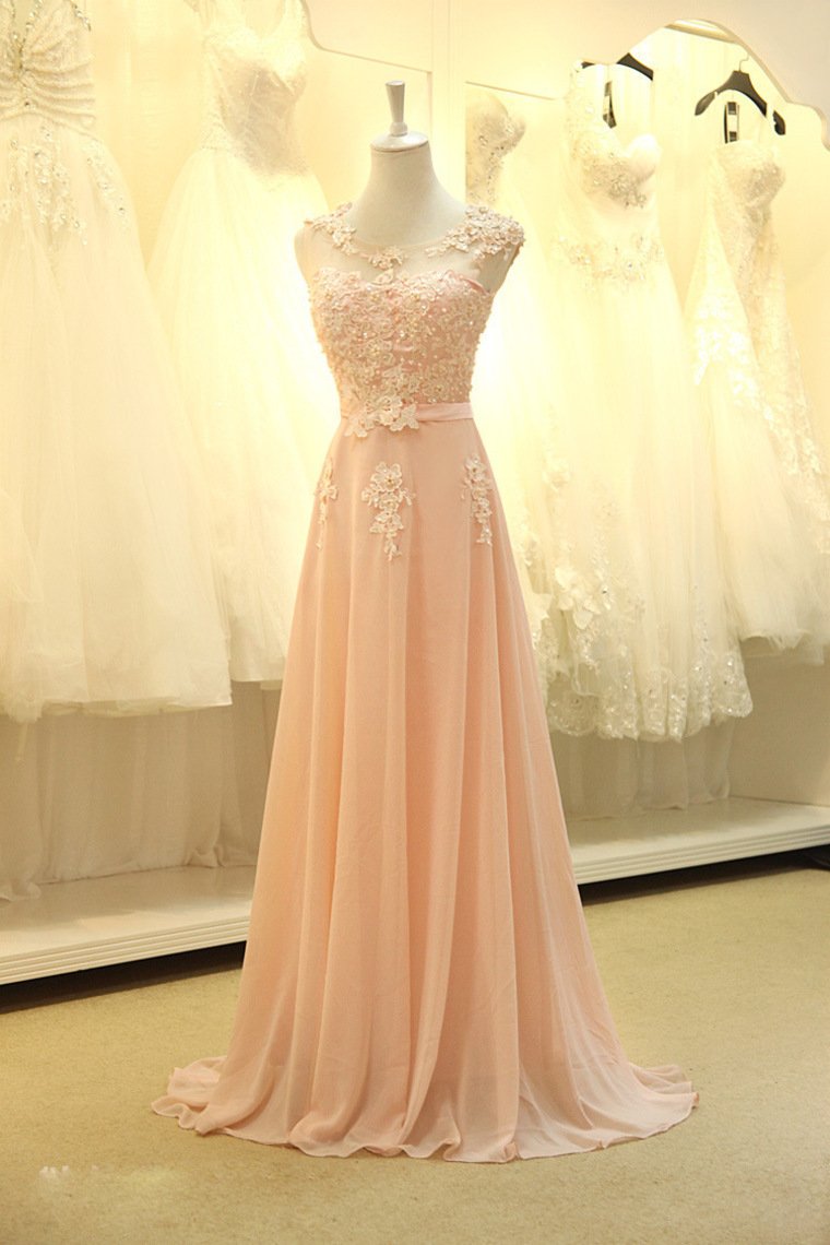 2024 Prom Dresses A Line Scoop Chiffon With Applique And Sash Sweep Train