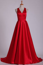 Load image into Gallery viewer, 2024 Red V Neck Evening Dresses A Line Sweep Train With Slit &amp; Ruffles