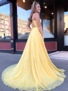 A Line Spaghetti Straps Daffodil Tulle Long Party Dresses, Lace up Formal SRS15611