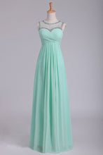 Load image into Gallery viewer, 2024 Mint Scoop A Line Prom Dresses Chiffon With Beads &amp; Ruffles Floor Length