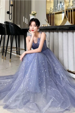 Load image into Gallery viewer, Unique Sparkle Straps Floor Length Tulle Prom Dress, A Line Sleeveless Evening Dresses