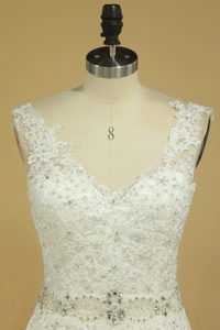 2024 Bridal Dresses A Line V-Back Tulle Chapel Train V-Back Applique & Sash