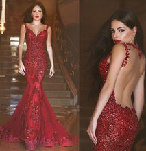 Load image into Gallery viewer, Gorgeous Red Mermaid V-neck Backless Prom Dresses with Beading Appliques For Spring Teens RS130