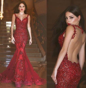 Gorgeous Red Mermaid V-neck Backless Prom Dresses with Beading Appliques For Spring Teens RS130