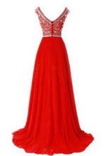 Load image into Gallery viewer, Red Long Chiffon Silver Beaded Chiffon Gown With Cap Sleeves Burgundy Prom Dresses RS766
