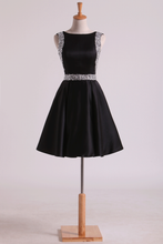 Load image into Gallery viewer, 2024 Bateau A Line Short/Mini Homecoming Dresses Satin With Beads