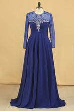 Load image into Gallery viewer, 2024 Long Sleeves Scoop A-Line Chiffon With Beads And Ruffles Prom Dresses