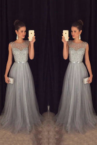 2024 Tulle Scoop A Line Prom Dresses With Sash And Beads Bodice