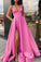 Simple A Line Yellow Spaghetti Straps Satin Prom Dresses with Slit, Party Dresss SRS15386