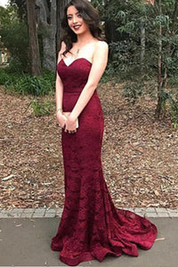 Burgundy Sweetheart Strapless Lace Mermaid Cheap Long Prom Dress Bridesmaid Dresses RS13