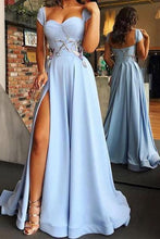 Load image into Gallery viewer, Cap Sleeve Sweetheart A Line Side Slit Satin Blue Long Prom Dresses Evening Dresses RS299