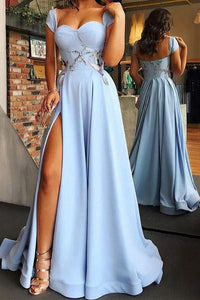Cap Sleeve Sweetheart A Line Side Slit Satin Blue Long Prom Dresses Evening Dresses RS299