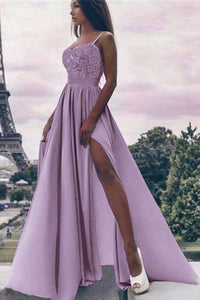 A Line Spaghetti Straps High Slit Sweetheart Chiffon Lace Appliques Prom Dresses RS310