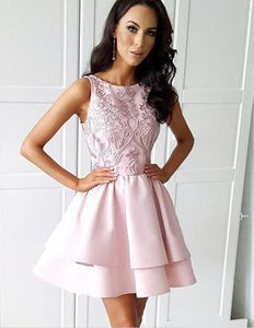 Pretty Bateau Short Blush Pink Scoop Satin Lace Appliques Homecoming Dresses RS16