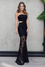 Load image into Gallery viewer, Sexy Mermaid Strapless Floor-Length Black Lace Cut Out Sleeveless Prom Dresses RS301