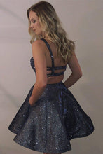 Load image into Gallery viewer, Shiny Spaghetti Straps Dark Grey Sparkly Homecoming Dresses with Pocket Short Dress H1006