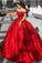 Stunning Off Shoulder Red Satin Lace Prom Dresses Ball Gowns with Appliques